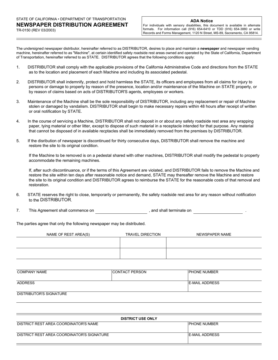Form TR-0150 Newspaper Distribution Agreement - California, Page 1