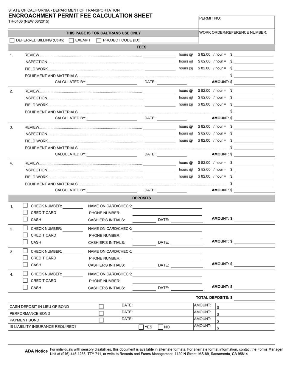 Form TR-0406 Encroachment Permit Fee Calculation Sheet - California, Page 1