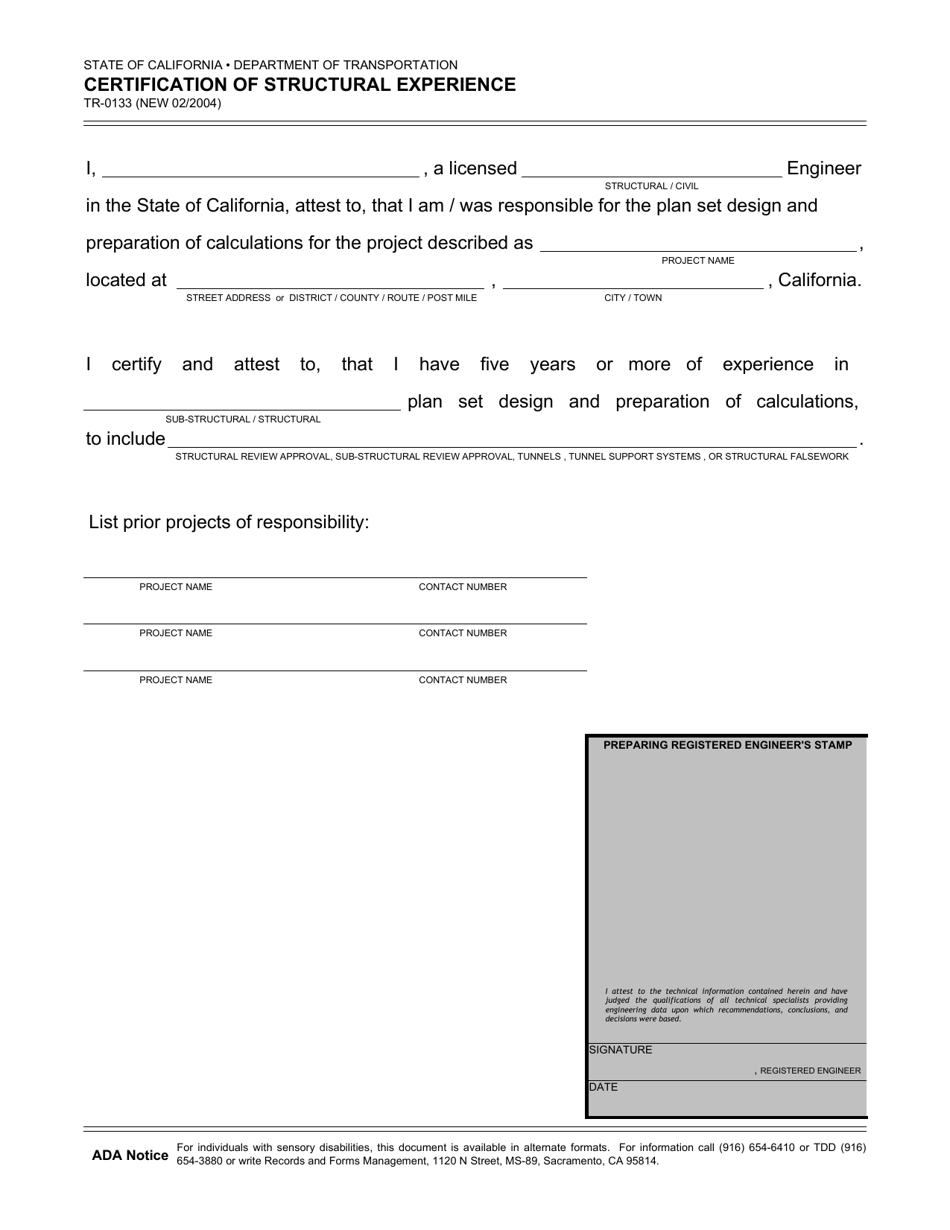 Form TR-0133 Certification of Structural Experience - California, Page 1