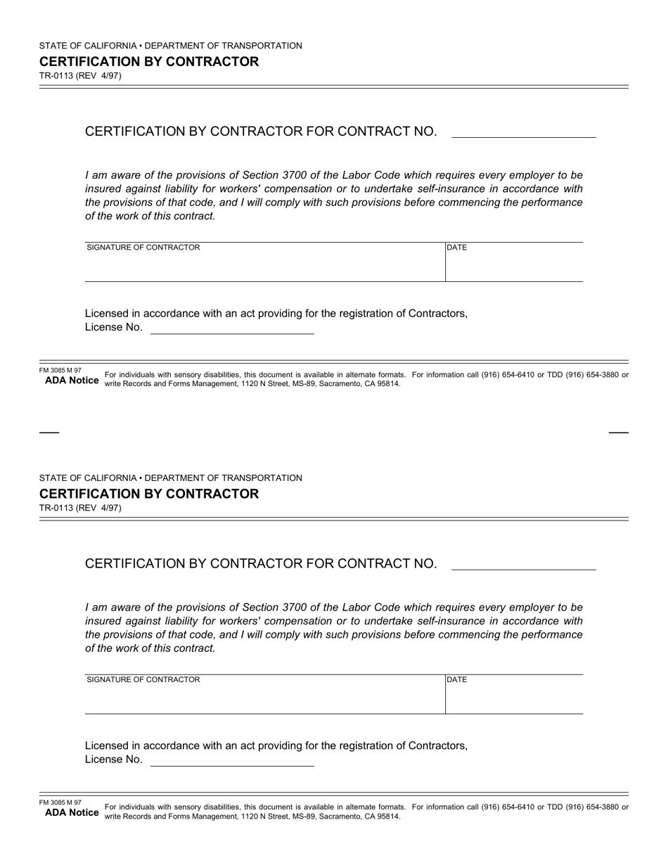 Form TR-0113 Certification by Contractor - California, Page 1