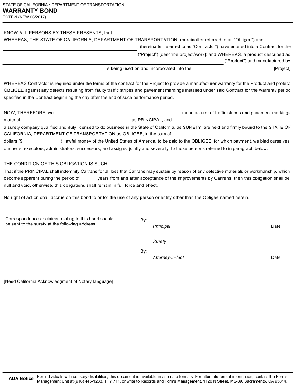 Form TOTE1 Download Fillable PDF or Fill Online Warranty Bond California Templateroller