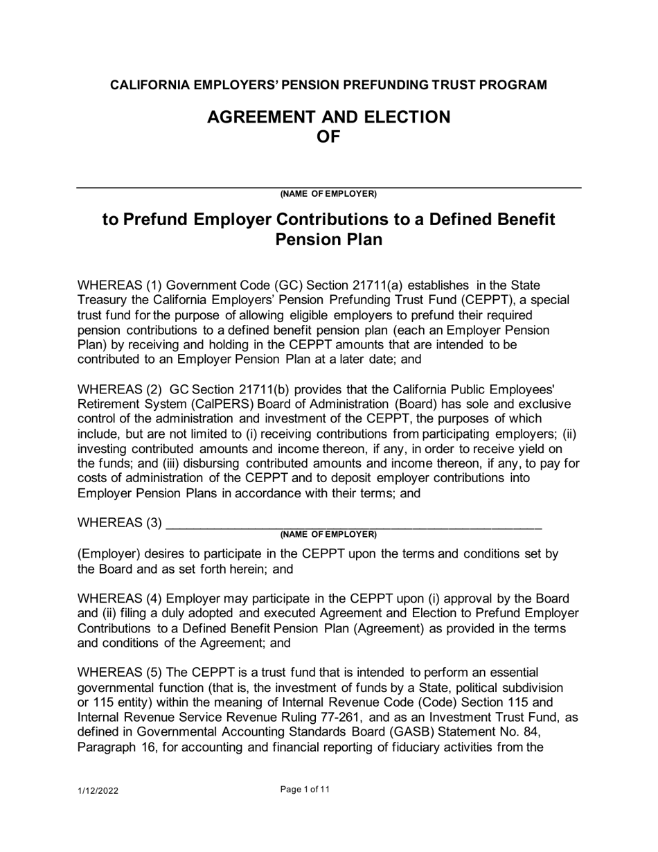 California Agreement and Election to Prefund Employer Contributions to