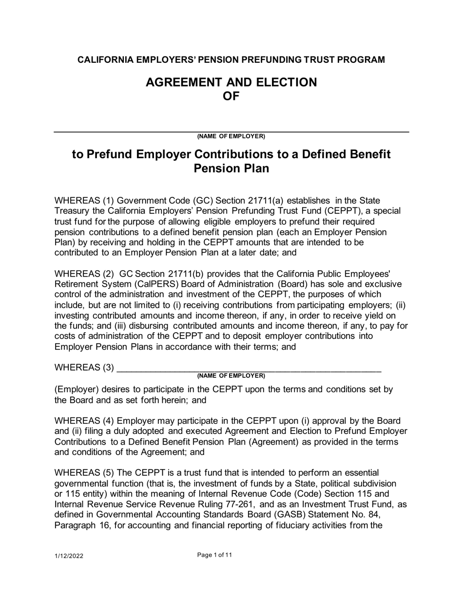 Agreement and Election to Prefund Employer Contributions to a Defined Benefit Pension Plan - California Employers Pension Prefunding Trust Program - California, Page 1