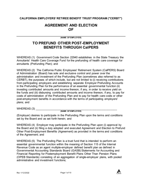 Agreement and Election to Prefund Other Post-employment Benefits Through CalPERS - California Employers' Retiree Benefit Trust Program ("cerbt") - California Download Pdf