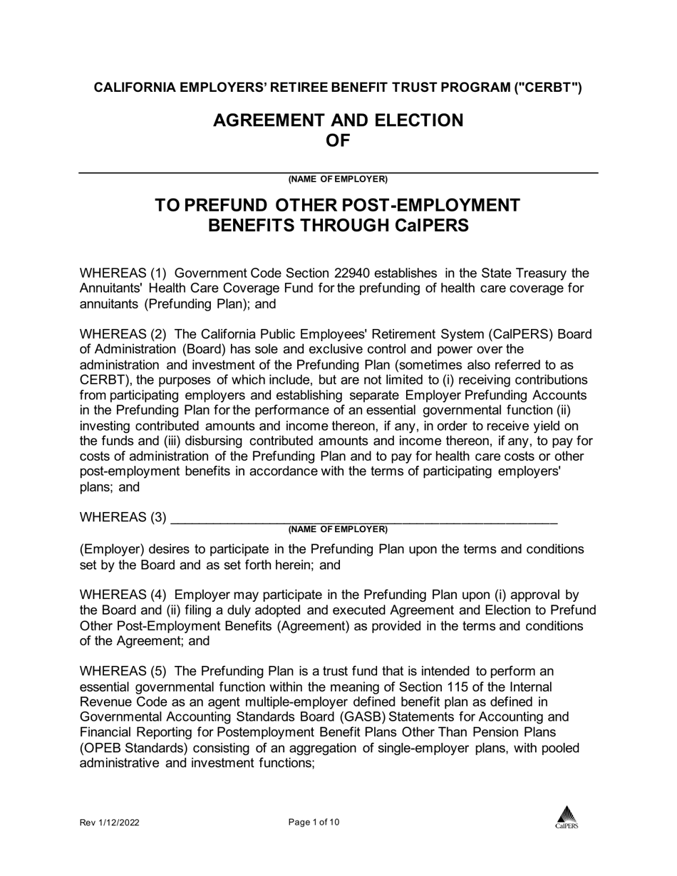Agreement and Election to Prefund Other Post-employment Benefits Through CalPERS - California Employers Retiree Benefit Trust Program (cerbt) - California, Page 1