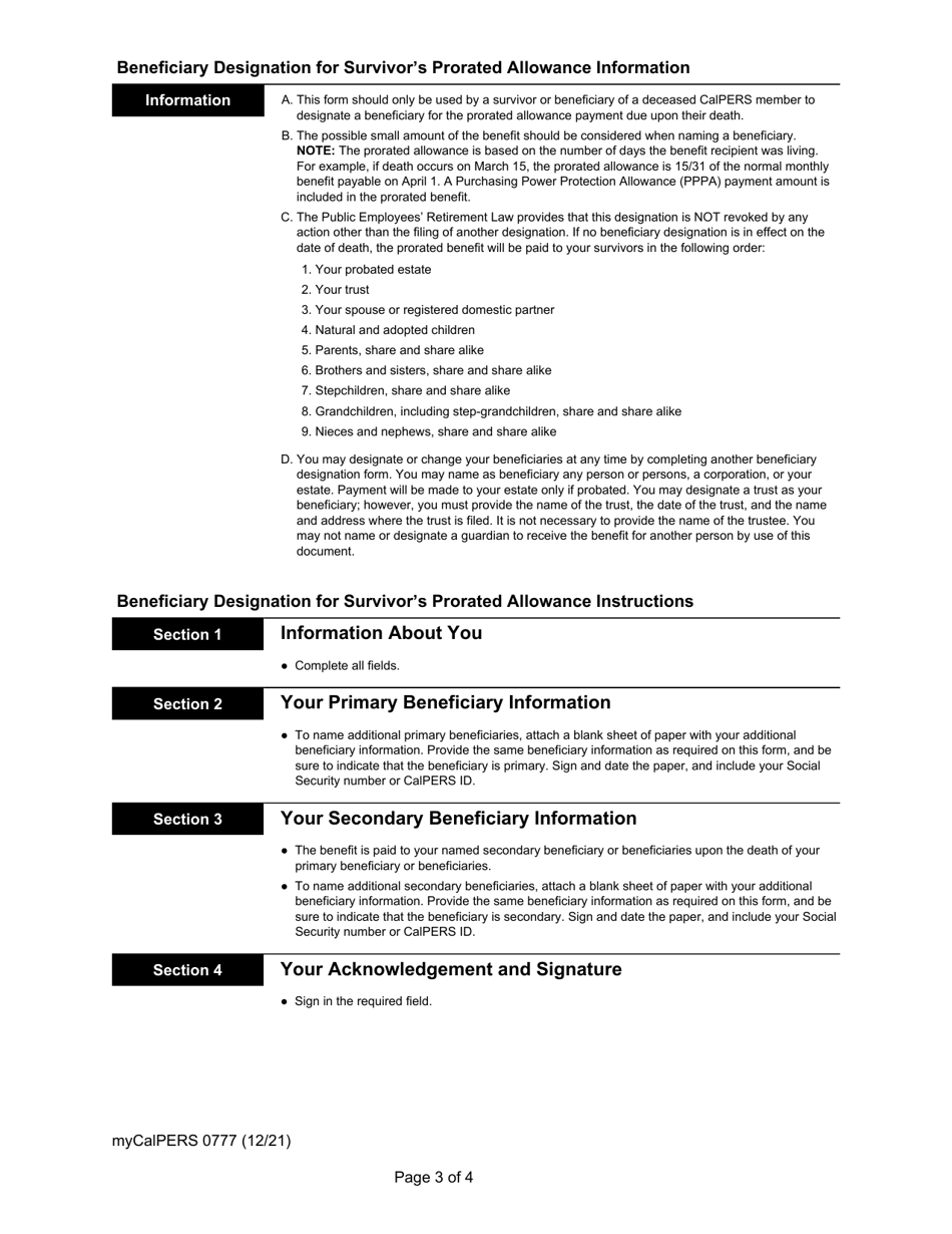Form my|CalPERS0777 Beneficiary Designation for Survivors Prorated Allowance - California, Page 3