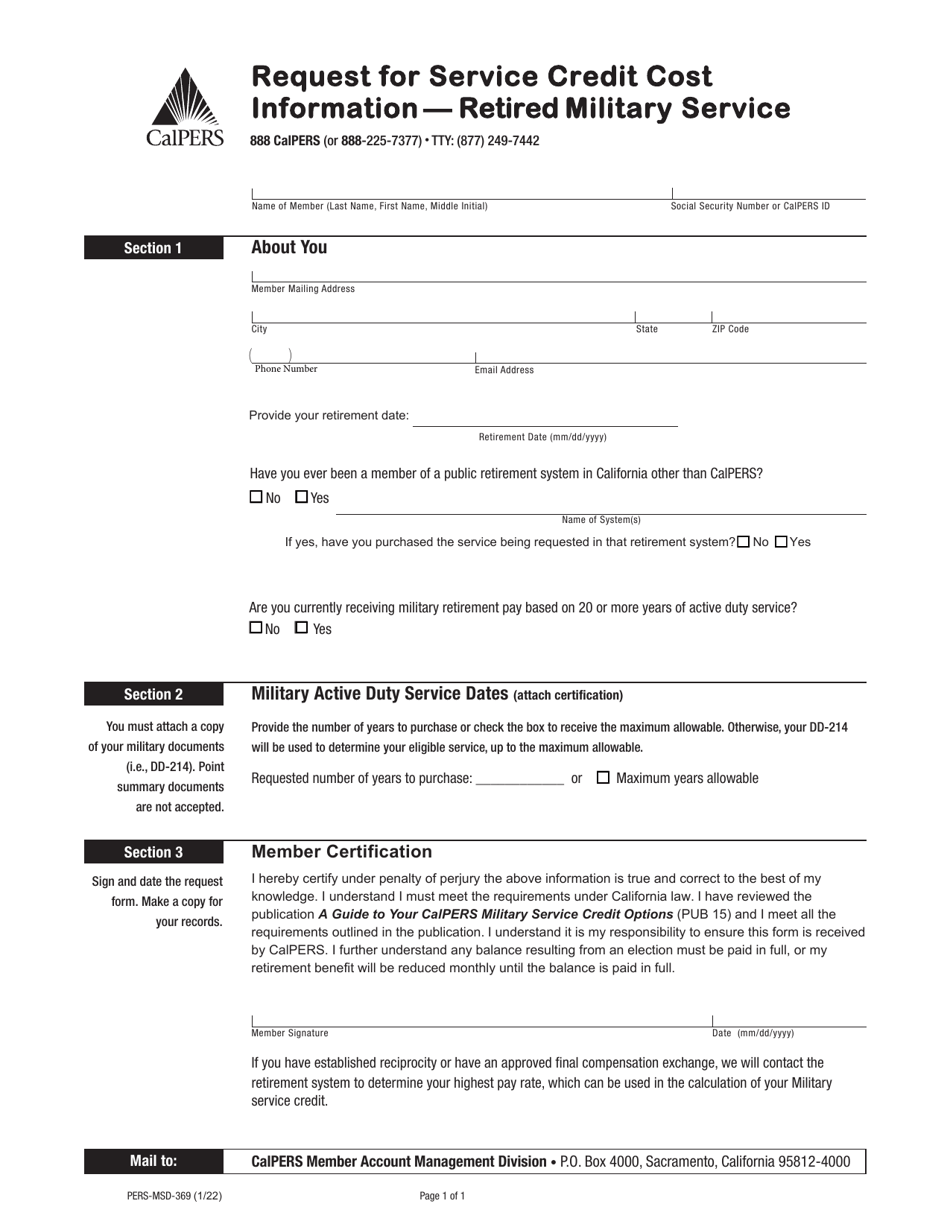 Form PERS-MSD-369 Request for Service Credit Cost Information - Retired Military Service - California, Page 1