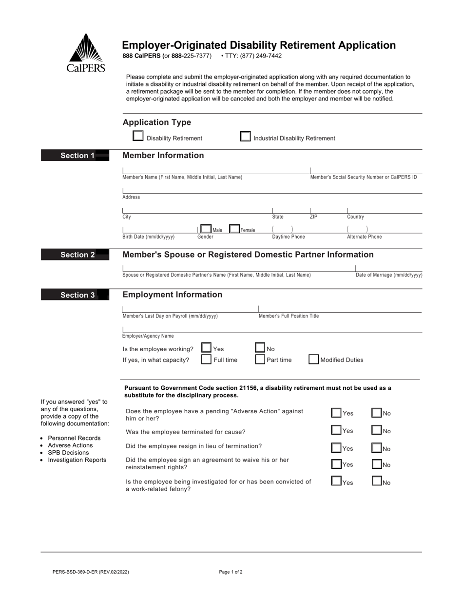 Form PERS-BSD-369-D-ER Employer-Originated Disability Retirement Application - California, Page 1