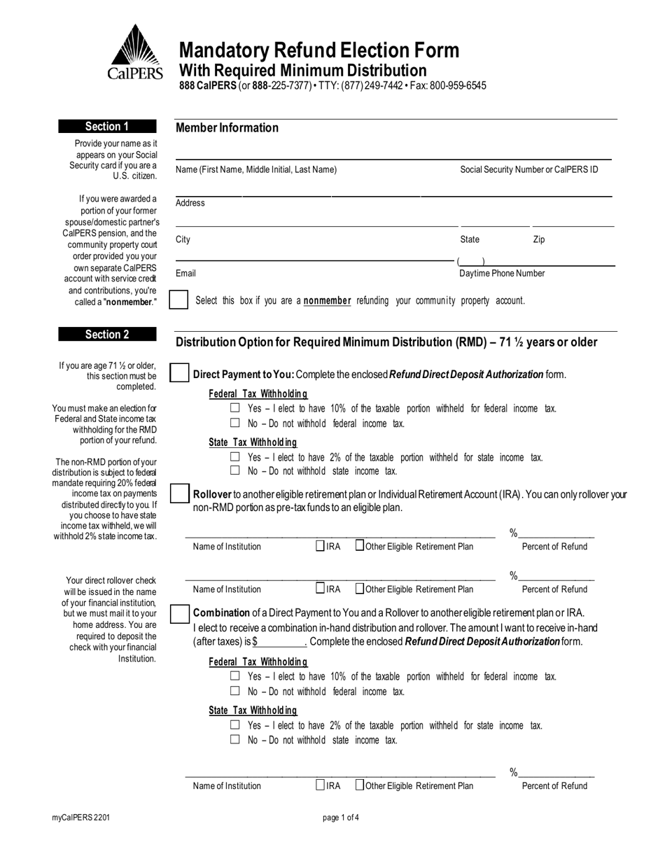 Form myCalPERS2201 Mandatory Refund Election Form With Required Minimum Distribution - California, Page 1