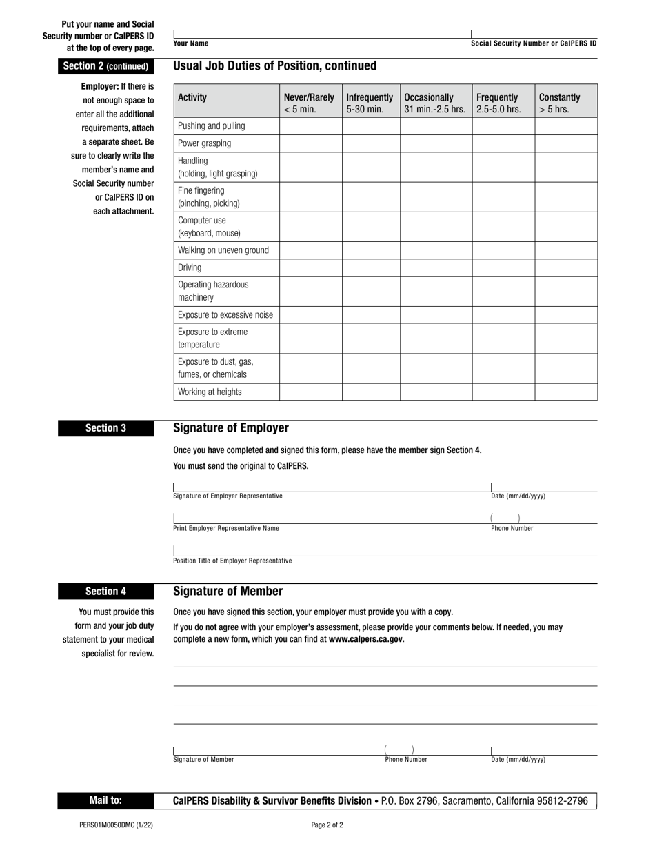 Form PERS01M0050DMC Physical Requirements of Position / Occupational Title - California, Page 2