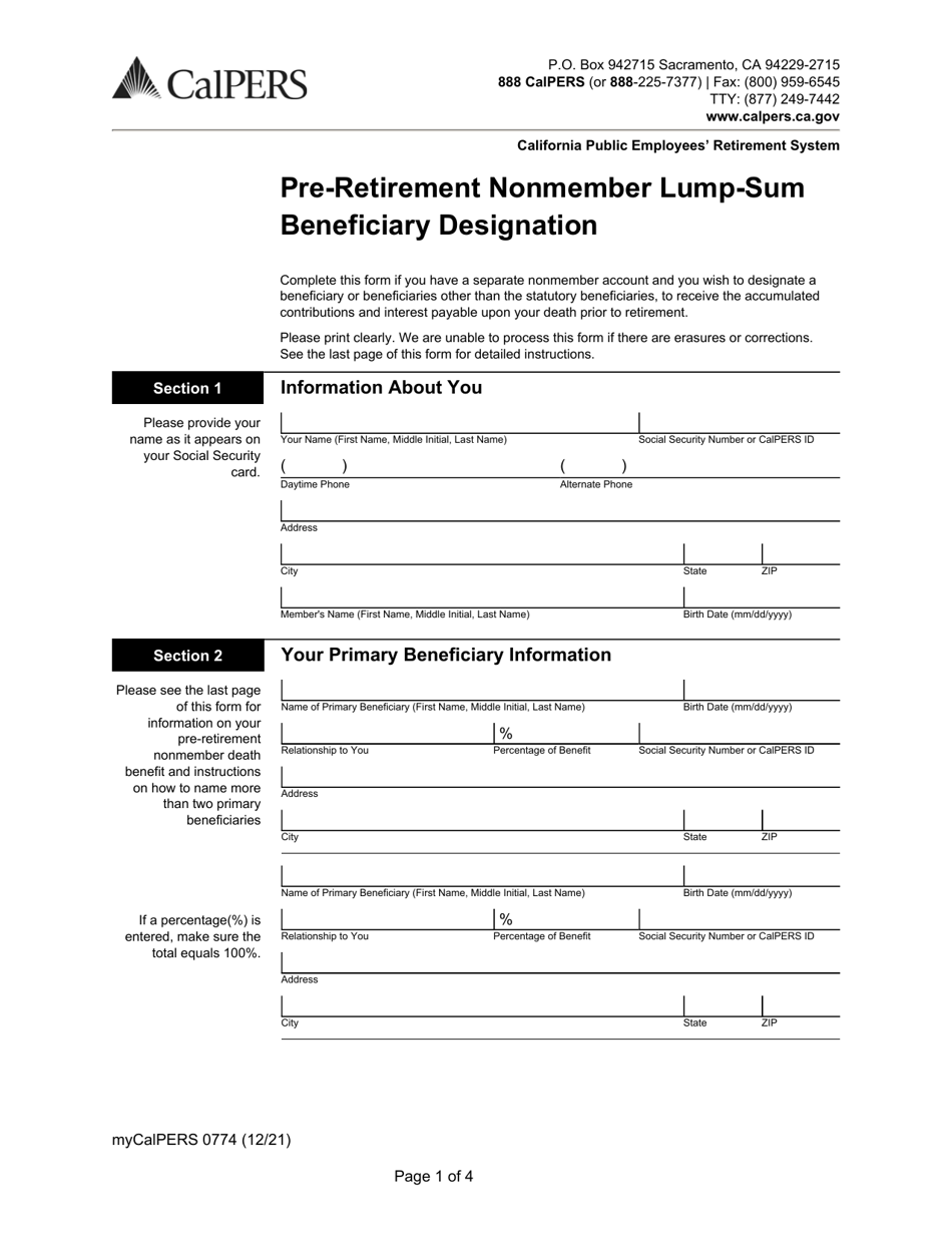 Form my|CalPERS0774 Pre-retirement Nonmember Lump-Sum Beneficiary Designation - California, Page 1