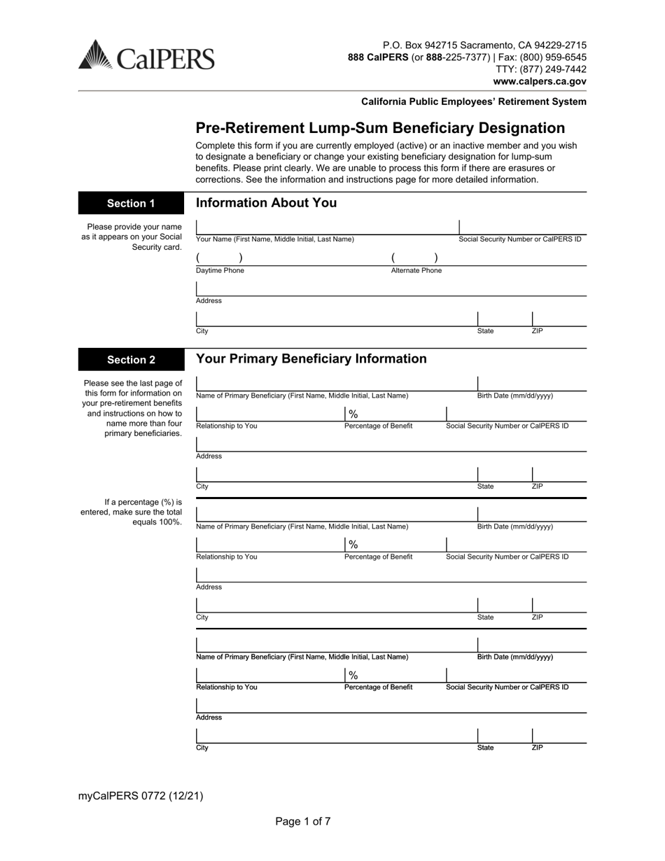 Form myCalPERS0772 Pre-retirement Lump-Sum Beneficiary Designation - California, Page 1