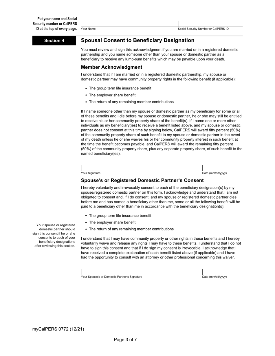 Form myCalPERS0772 Pre-retirement Lump-Sum Beneficiary Designation - California, Page 3