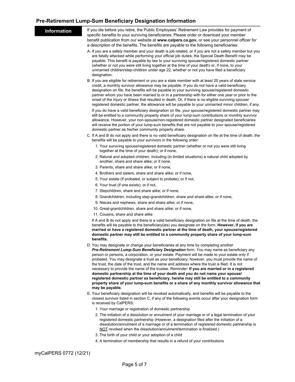 Form myCalPERS0772 Pre-retirement Lump-Sum Beneficiary Designation - California, Page 5