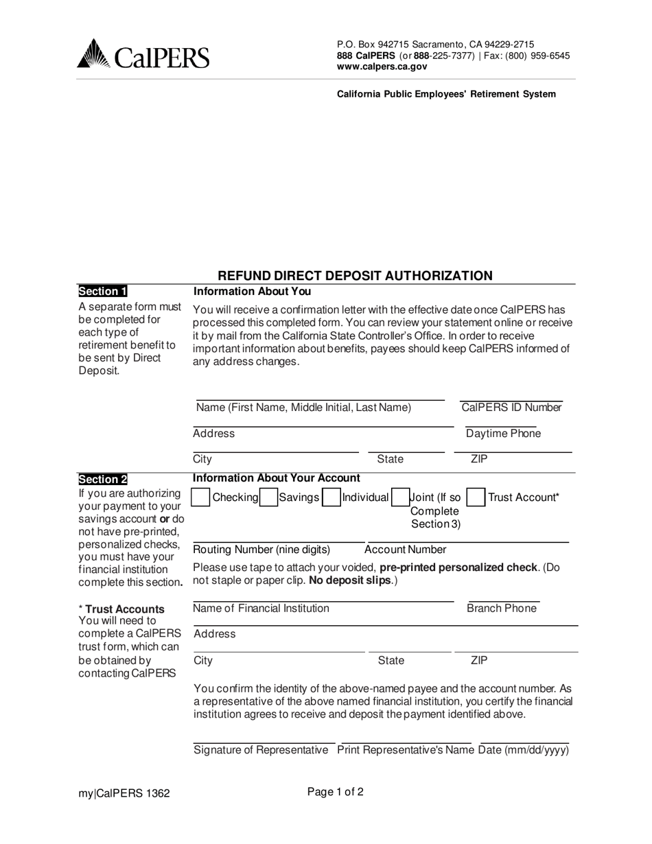 Form my|CalPERS1362 Refund Direct Deposit Authorization - California, Page 1