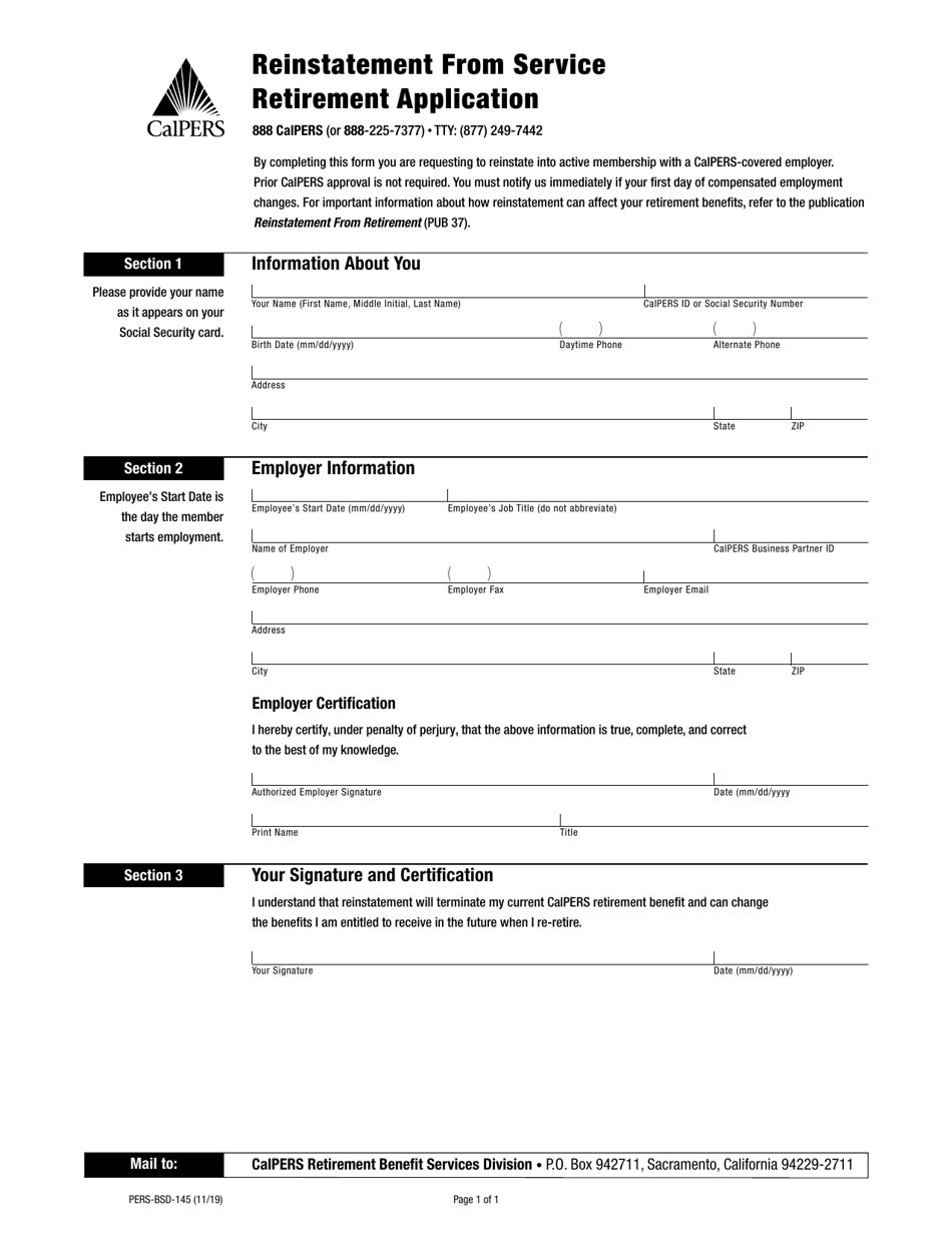 Form PERS-BSD-145 Reinstatement From Service Retirement Application - California, Page 1