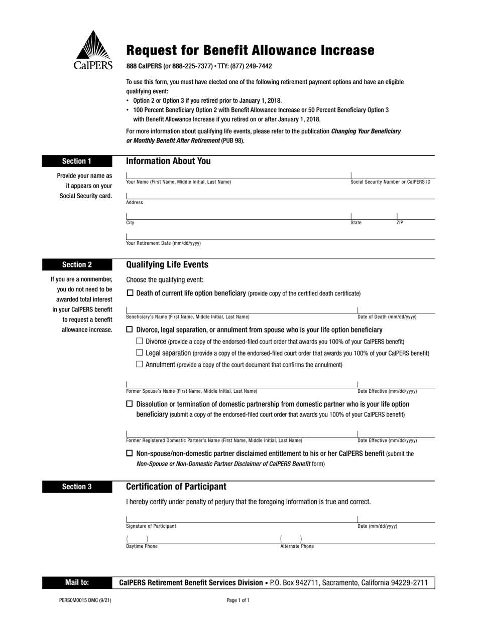 Form PERS0M0015 DMC Request for Benefit Allowance Increase - California, Page 1