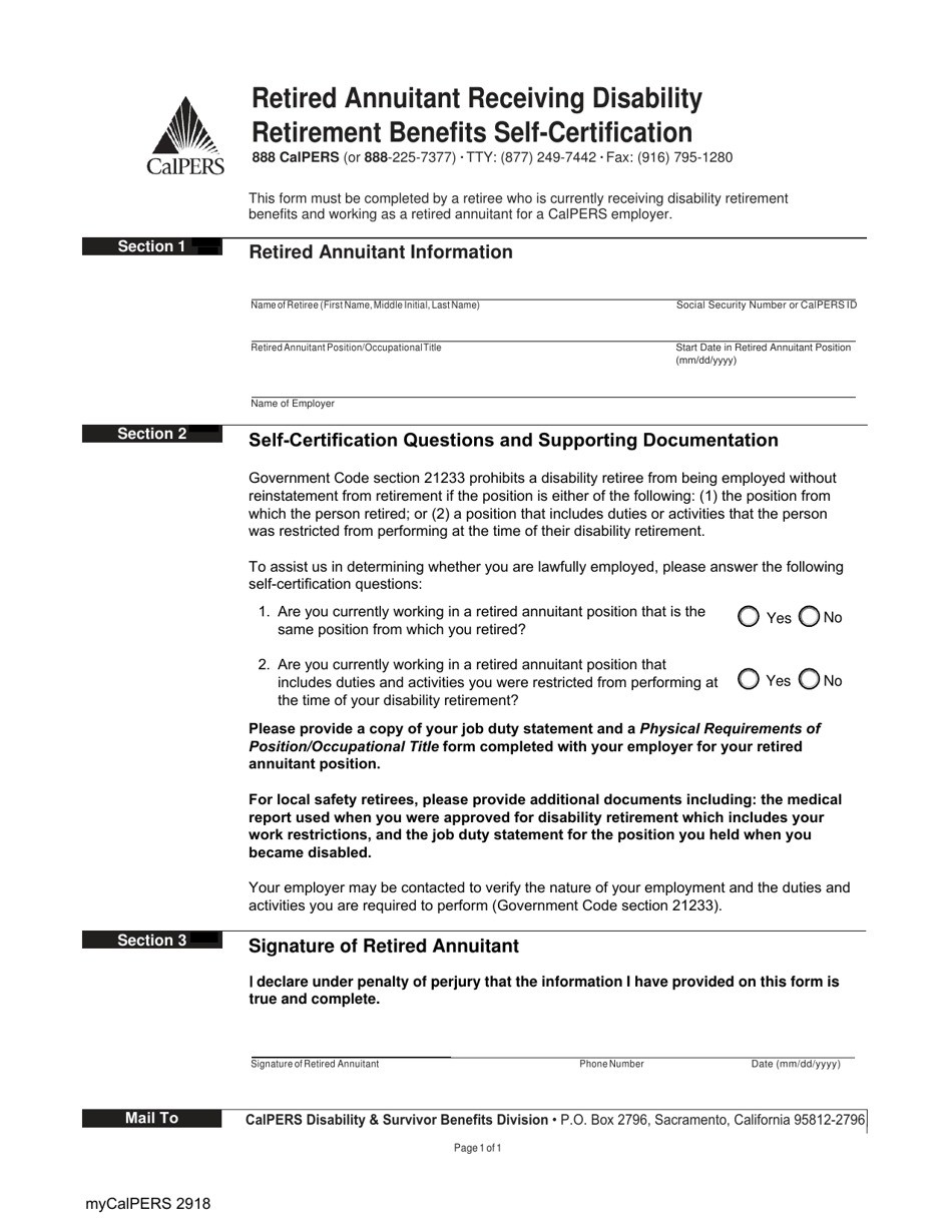 Form myCalPERS2918 Retired Annuitant Receiving Disability Retirement Benefits Self-certification - California, Page 1
