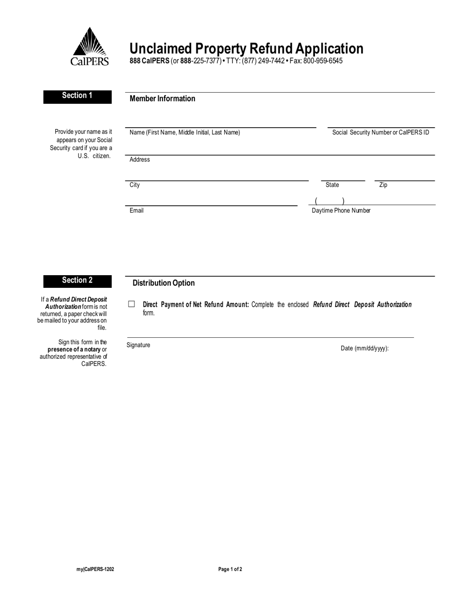 Form my|CalPERS-1202 Unclaimed Property Refund Application - California, Page 1