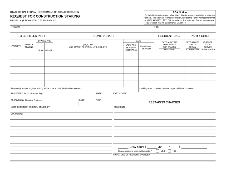 Form DPD-3013 Request for Construction Staking - California, Page 1