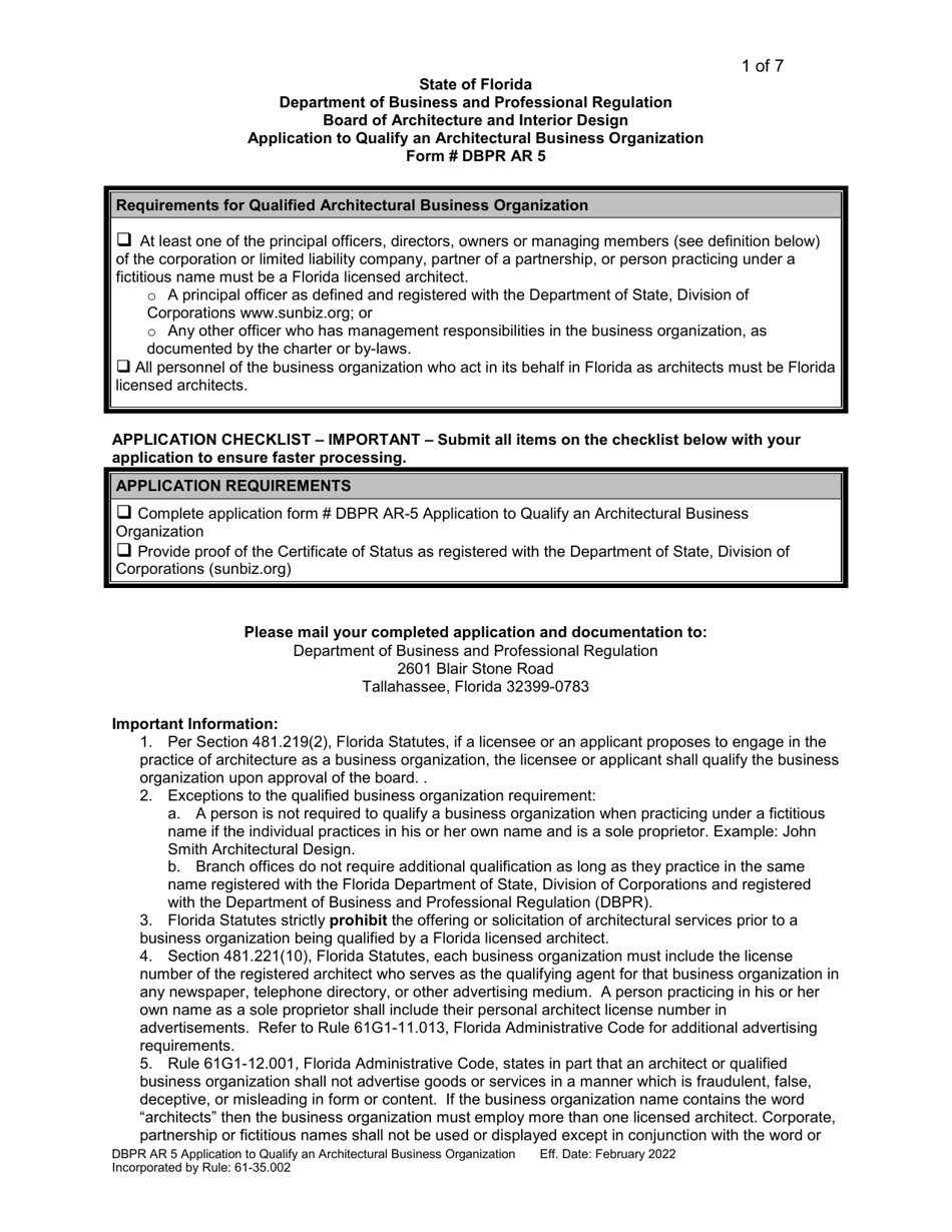 Form DBPR AR5 Application to Qualify Architectural Business Organization - Florida, Page 1