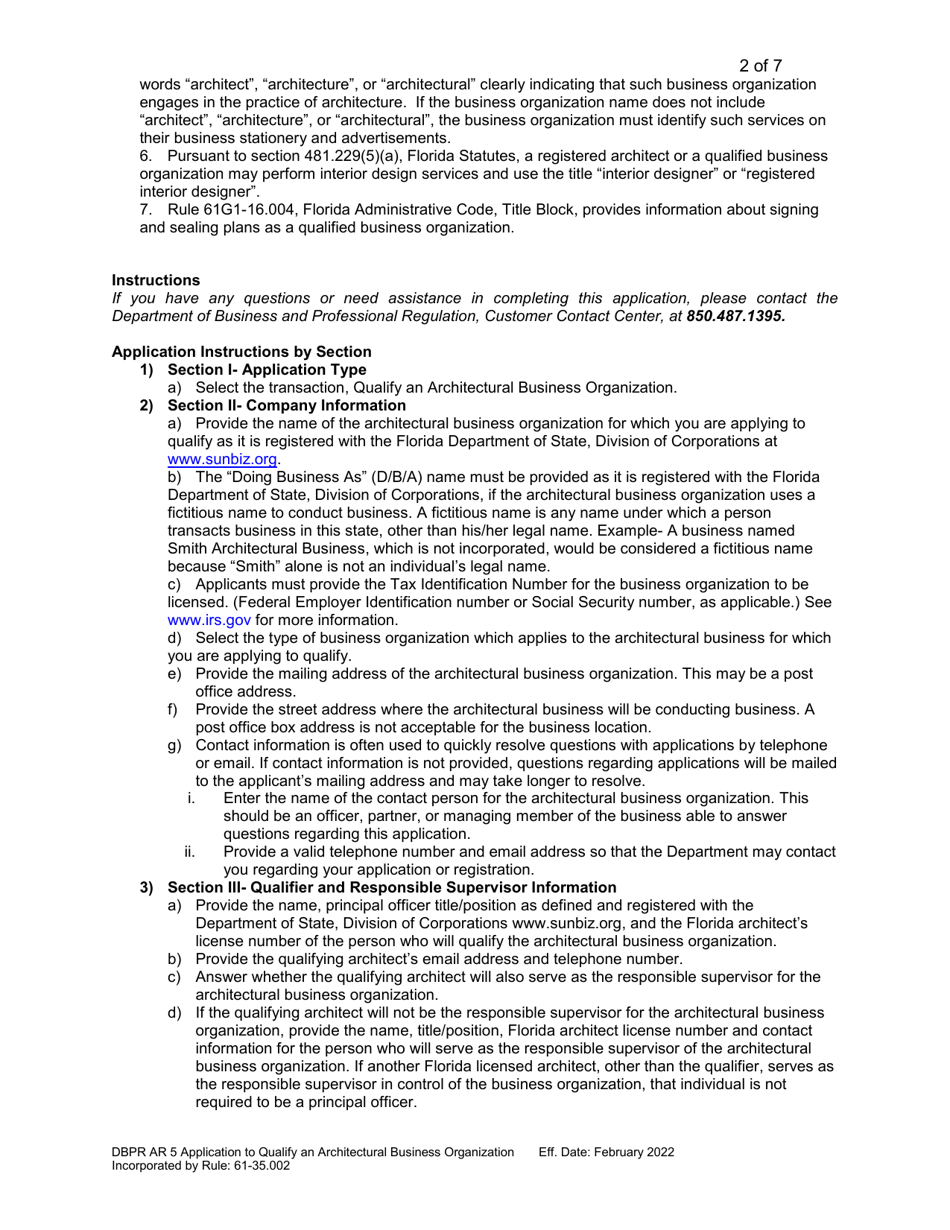 Form DBPR AR5 Application to Qualify Architectural Business Organization - Florida, Page 2