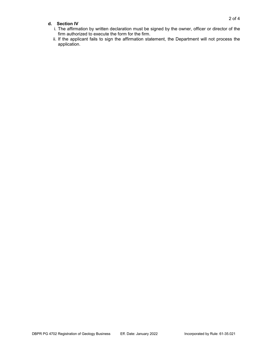 DBPR Form PG4702 Registration of Geology Business - Florida, Page 2