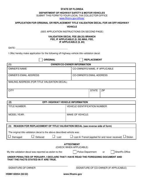 Form HSMV82054 Application for Original or Replacement Title Validation Decal for an Off-Highway Vehicle - Florida