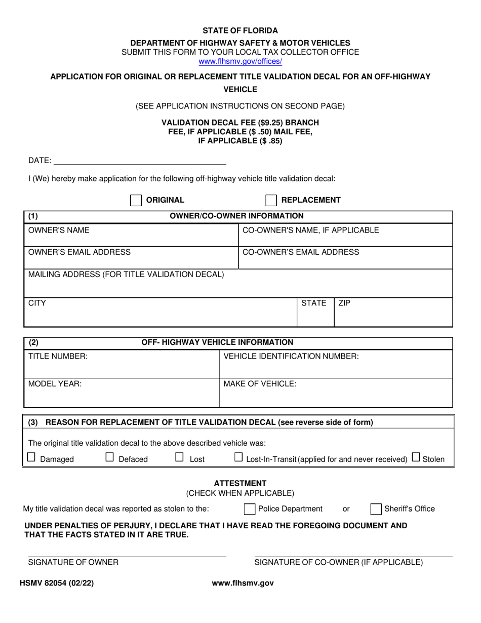 Form HSMV82054 Application for Original or Replacement Title Validation Decal for an Off-Highway Vehicle - Florida, Page 1