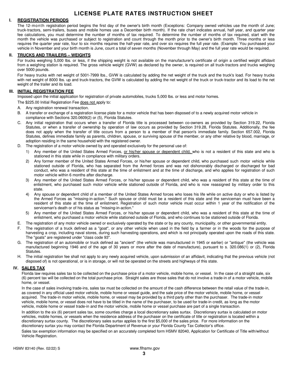 Form HSMV83140 License Plate Rate Chart - Florida, Page 3