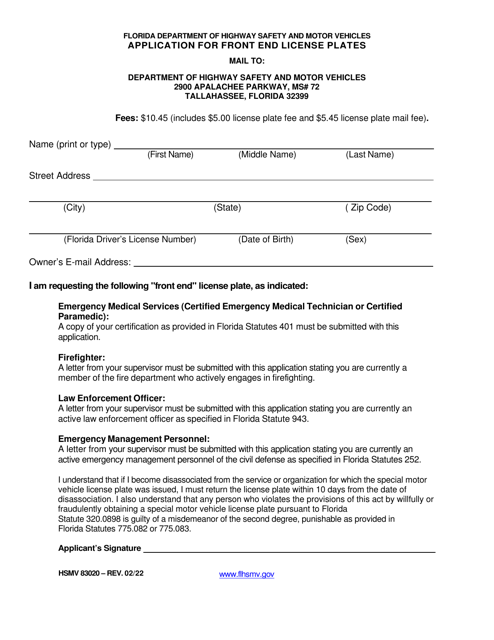 Form HSMV83020 Application for Front End License Plates - Florida