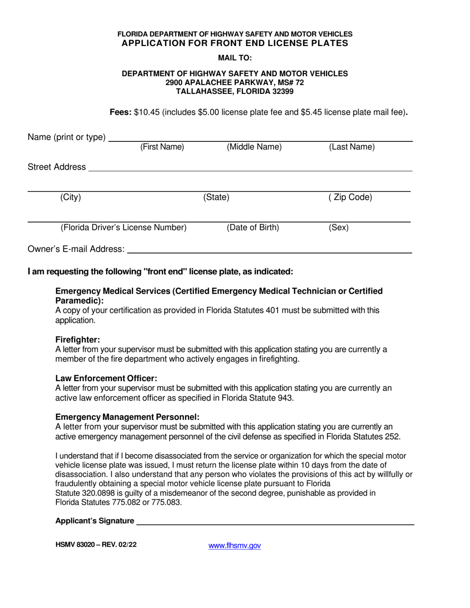 Form HSMV83020 Application for Front End License Plates - Florida, Page 1