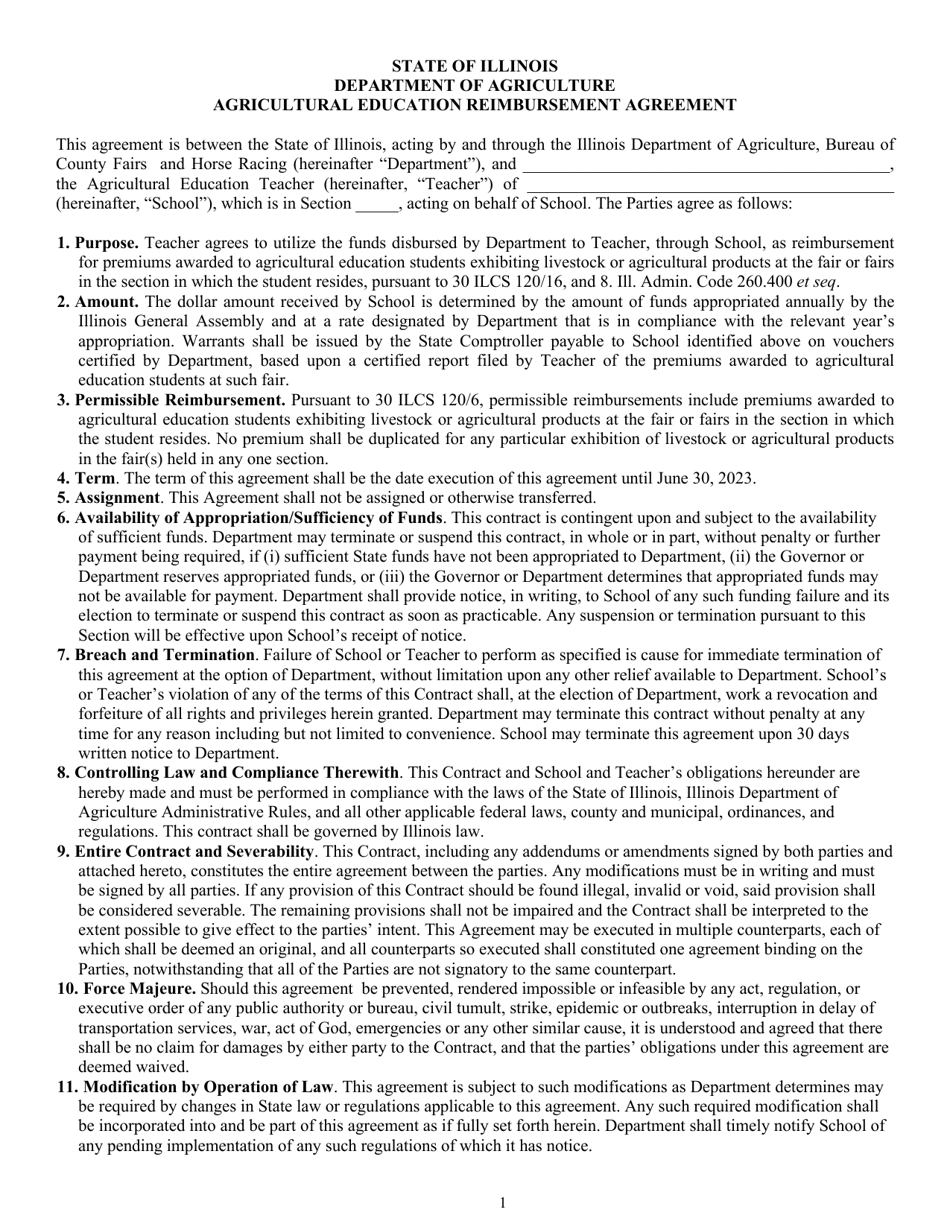 Agricultural Education Reimbursement Agreement - Illinois, Page 1