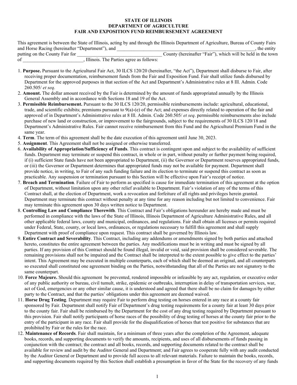 Fair and Exposition Fund Reimbursement Agreement - Illinois, Page 1