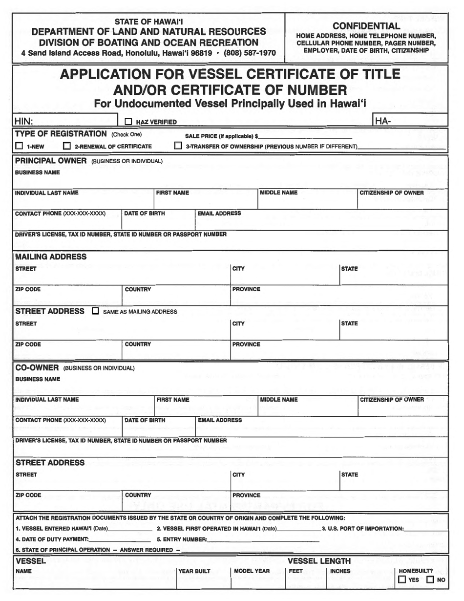 Application for Vessel Certificate of Title and / or Certificate of Number - Hawaii, Page 1