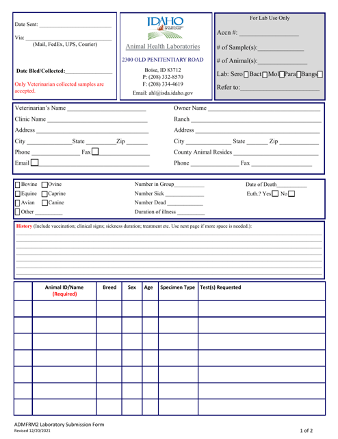 Form ADMFRM2 Animal Health Laboratory Submission Form - Idaho