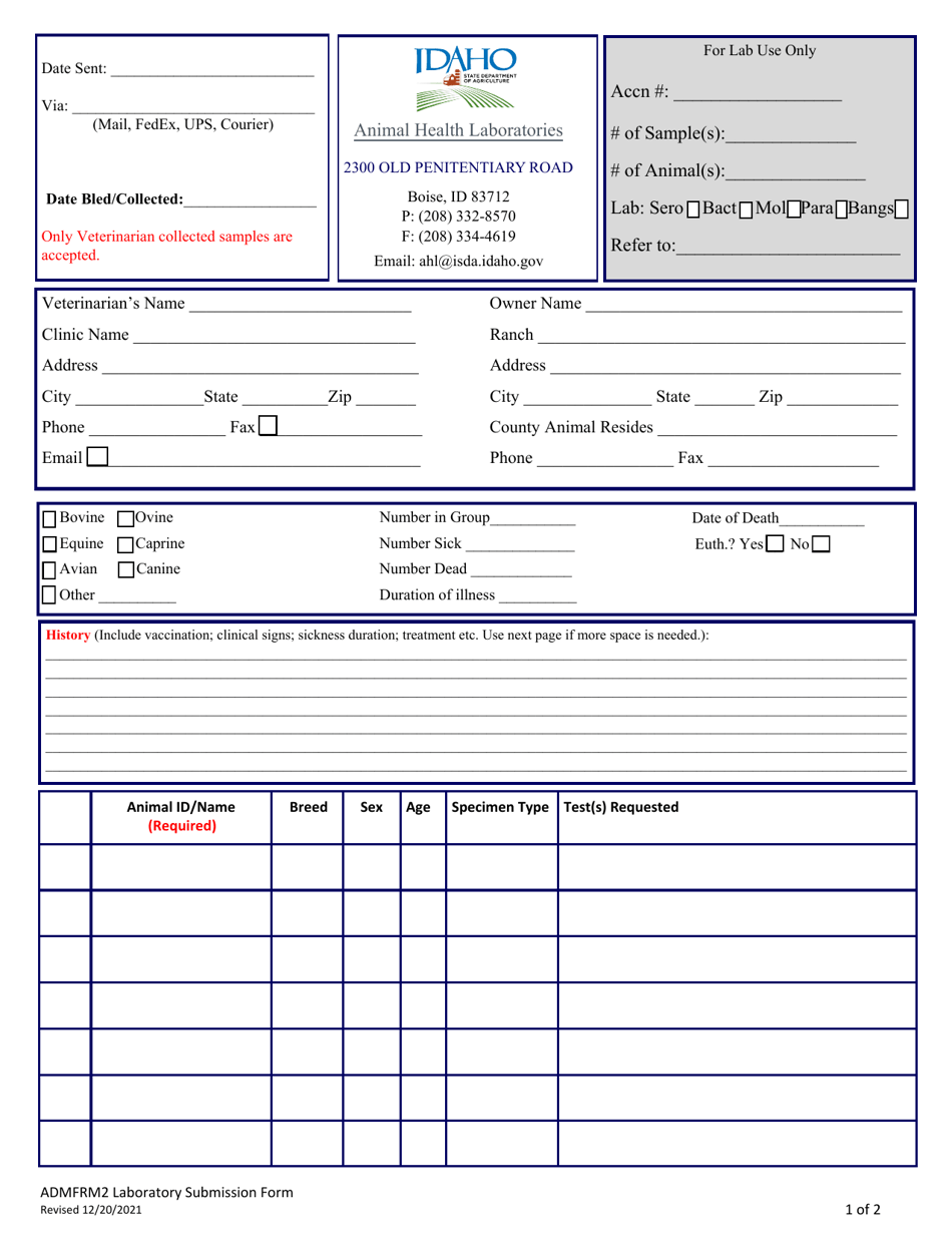 Form ADMFRM2 Animal Health Laboratory Submission Form - Idaho, Page 1