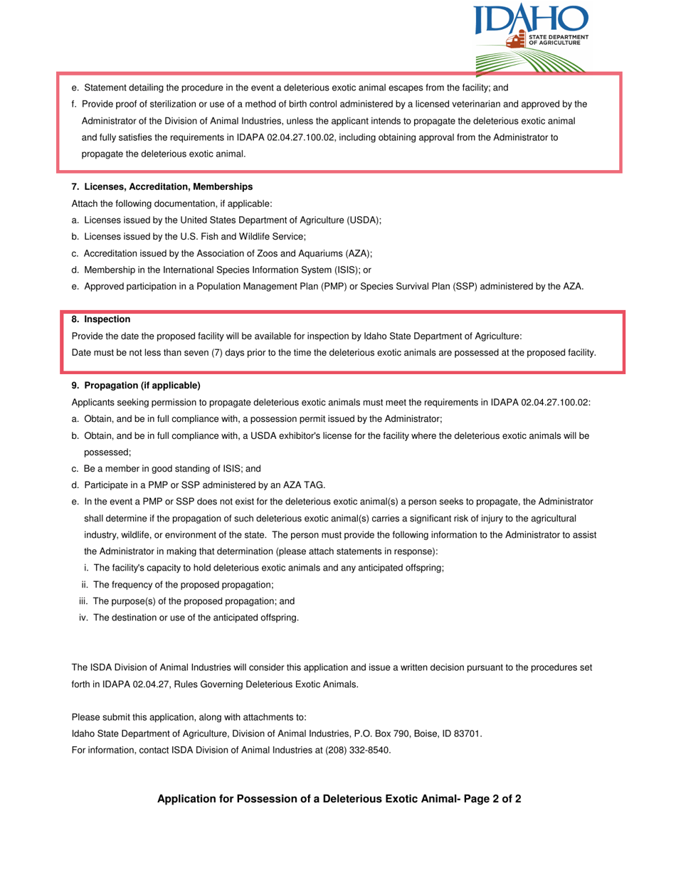Application for Possession of Deleterious Exotic Animals - Idaho, Page 2