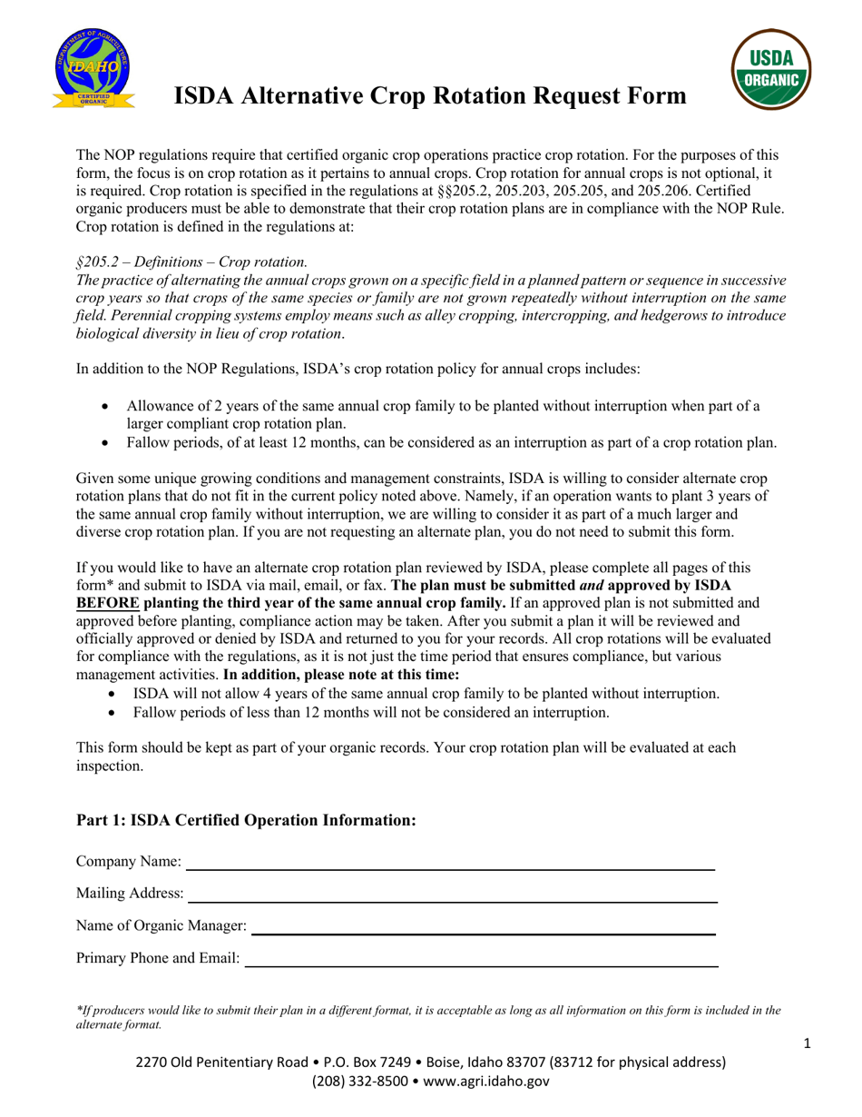 Isda Alternative Crop Rotation Request Form - Idaho, Page 1