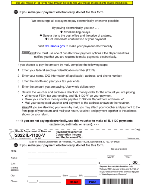 Form IL-1120-V Payment Voucher for Corporation Income and Replacement Tax - Illinois, 2022