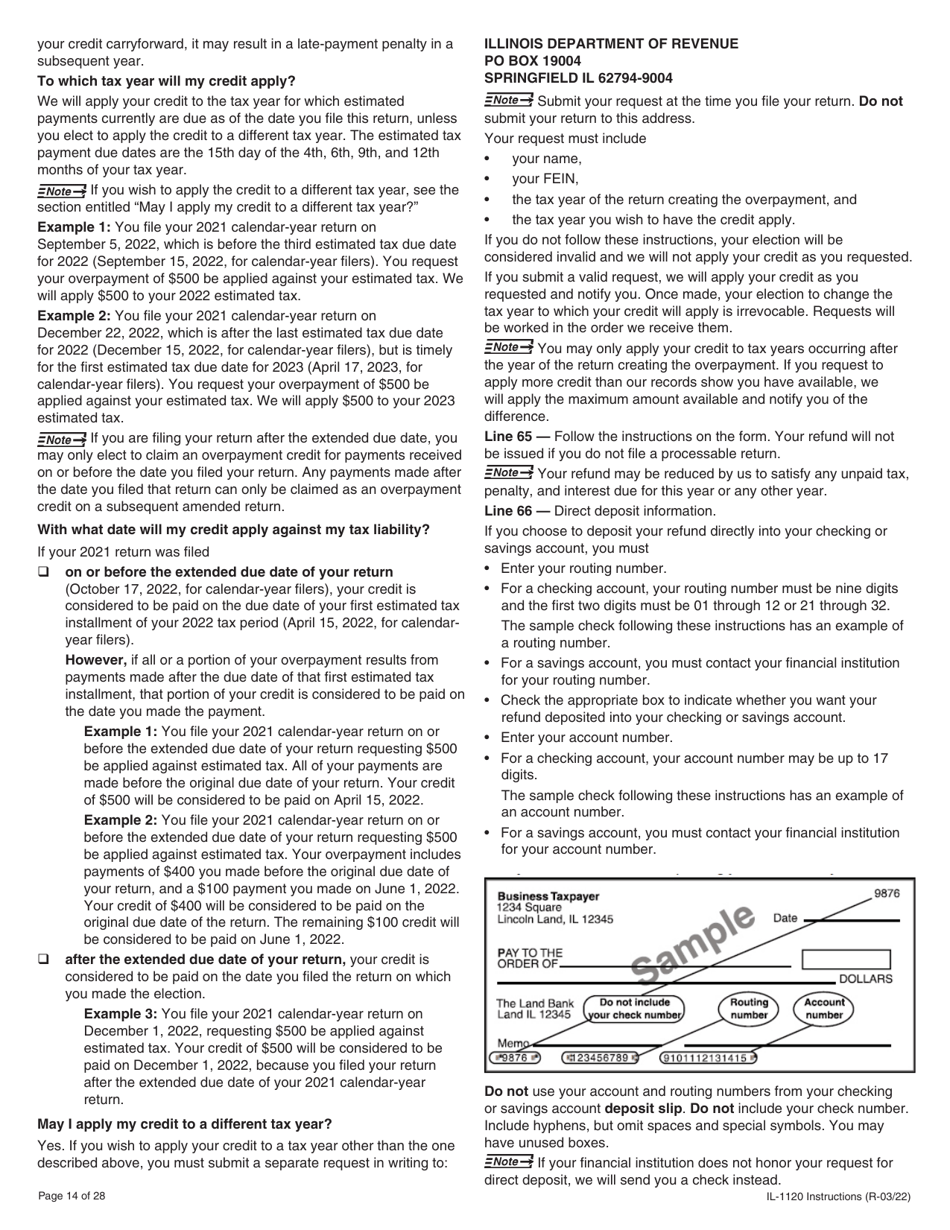Instructions for Form IL-1120 Corporation Income and Replacement Tax Return - Illinois, Page 14