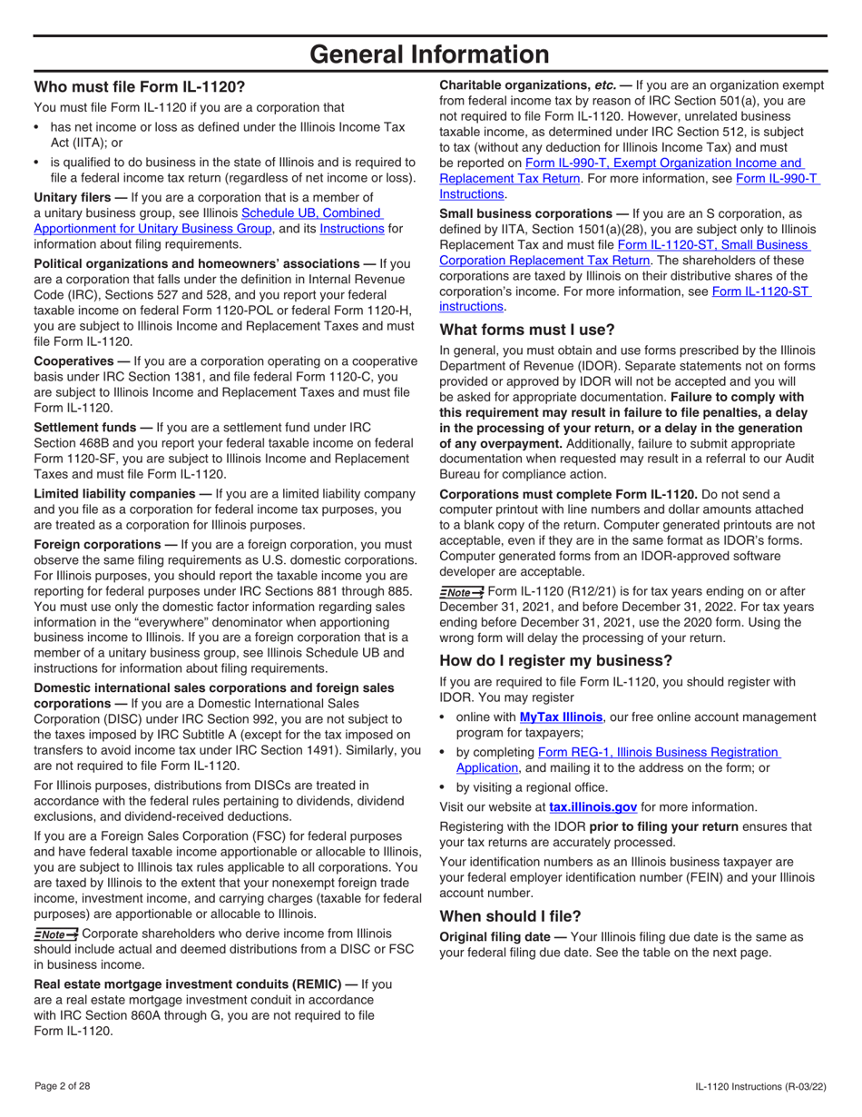 Instructions for Form IL-1120 Corporation Income and Replacement Tax Return - Illinois, Page 2