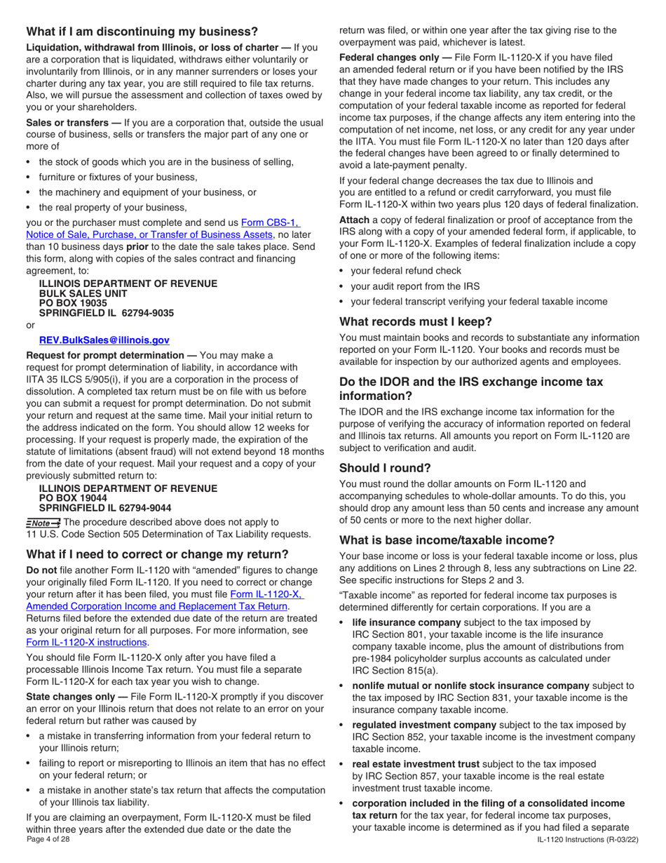 Instructions for Form IL-1120 Corporation Income and Replacement Tax Return - Illinois, Page 4