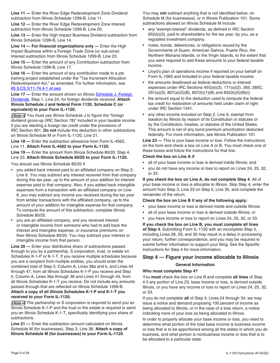 Instructions for Form IL-1120 Corporation Income and Replacement Tax Return - Illinois, Page 9