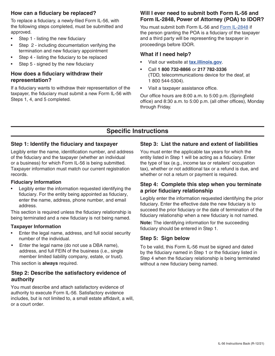Instructions for Form IL-56 Notice of Fiduciary Relationship - Illinois, Page 2