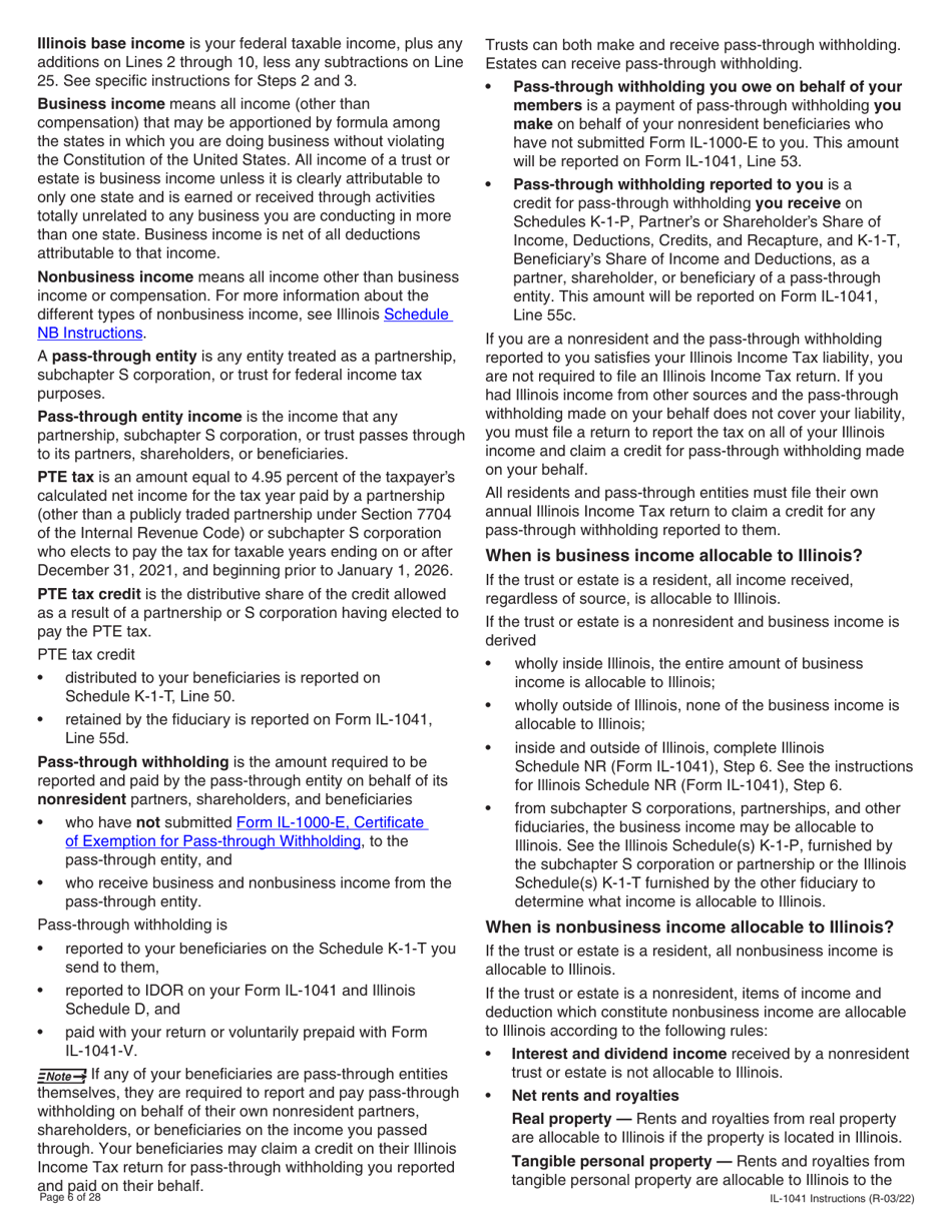 Instructions for Form IL-1041 Fiduciary Income and Replacement Tax Return - Illinois, Page 6
