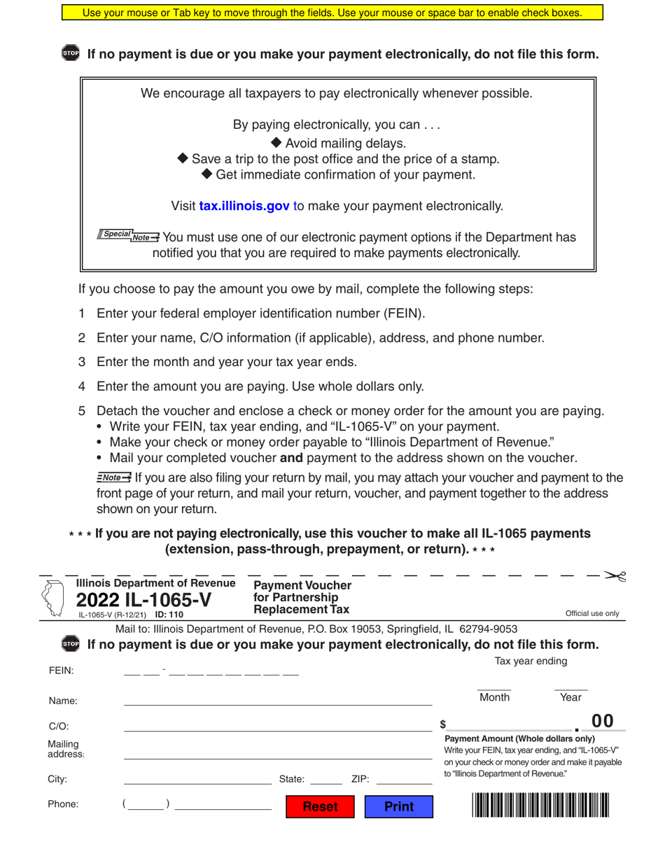 Form IL-1065-V Payment Voucher for Partnership Replacement Tax - Illinois, Page 1