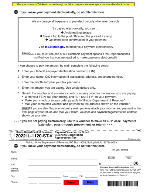 Form IL-1120-ST-V Payment Voucher for Small Business Corporation Replacement Tax - Illinois, 2022