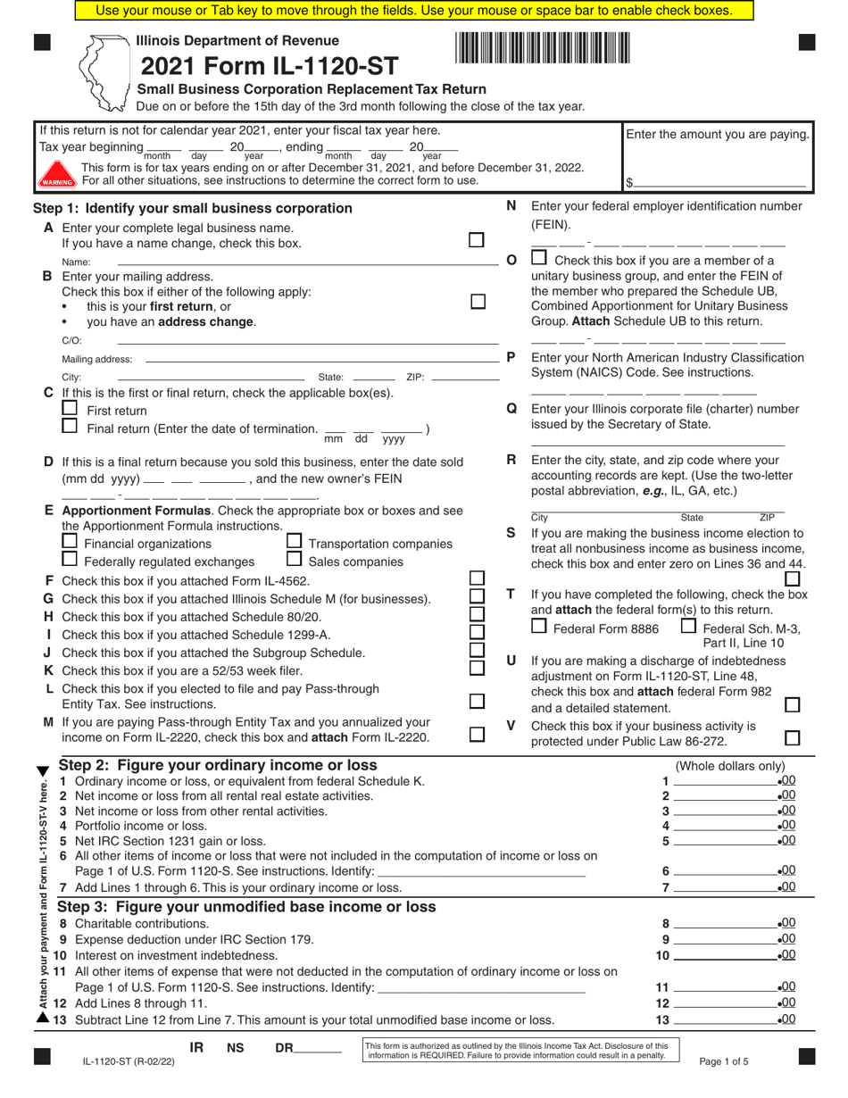 Form IL-1120-ST Small Business Corporation Replacement Tax Return - Illinois, Page 1