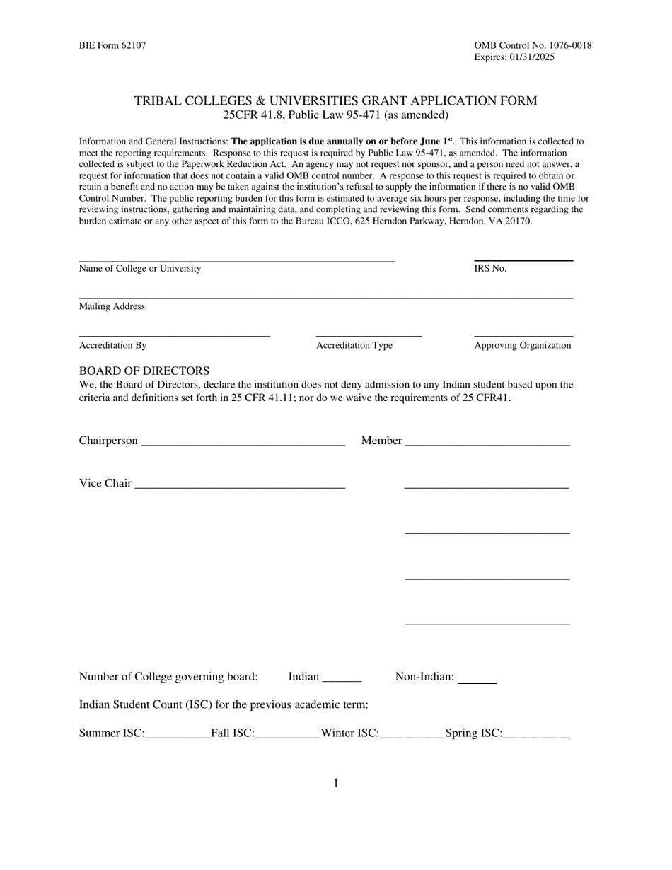 BIE Form 62107 Tribal Colleges  Universities Grant Application Form, Page 1